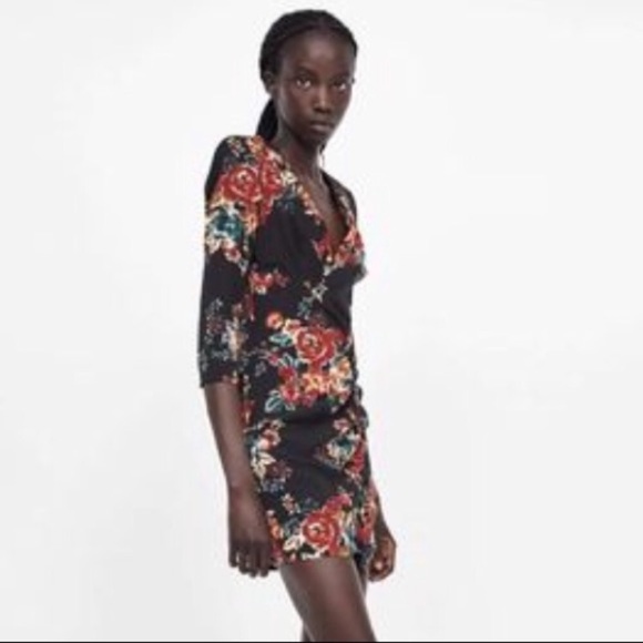 Zara Black Floral Dress with Vneck - Picture 2 of 6
